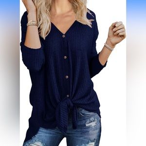 Navy Waffle Button Top